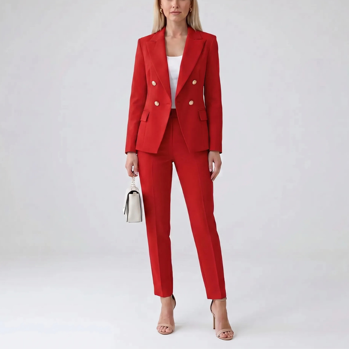Women's elegant suit for event wear. Features a sharp tailored jacket & flattering straight-leg trousers.