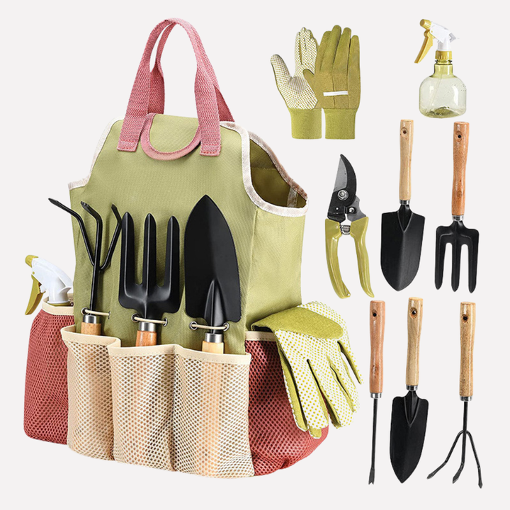 Unisex alloy steel garden tool set with ergonomic handles for planting, weeding, and soil work in home gardens.