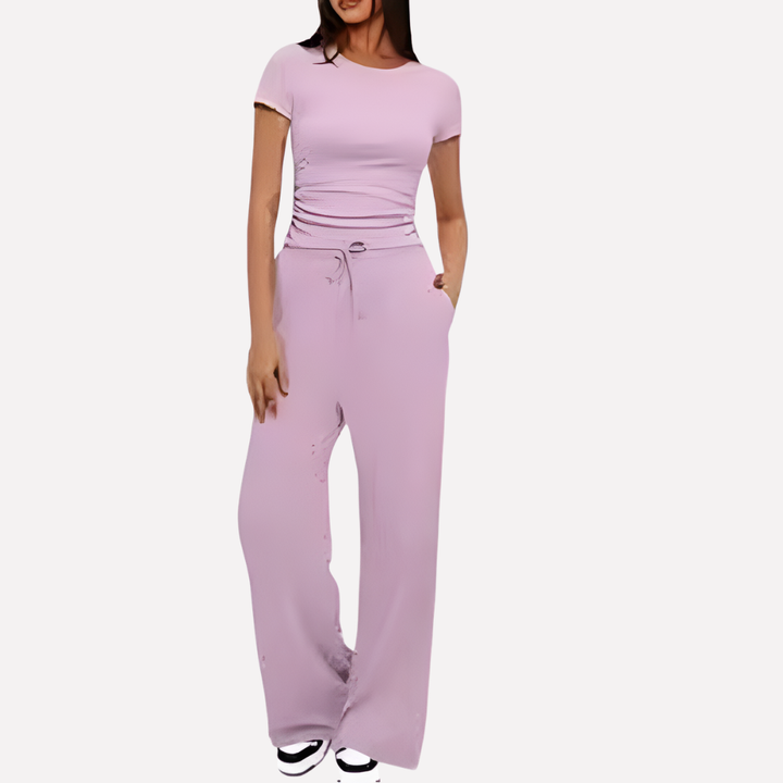 Stylish women's wide leg lounge pants from a 2-piece rayon blend set, perfect for relaxed comfort & travel.