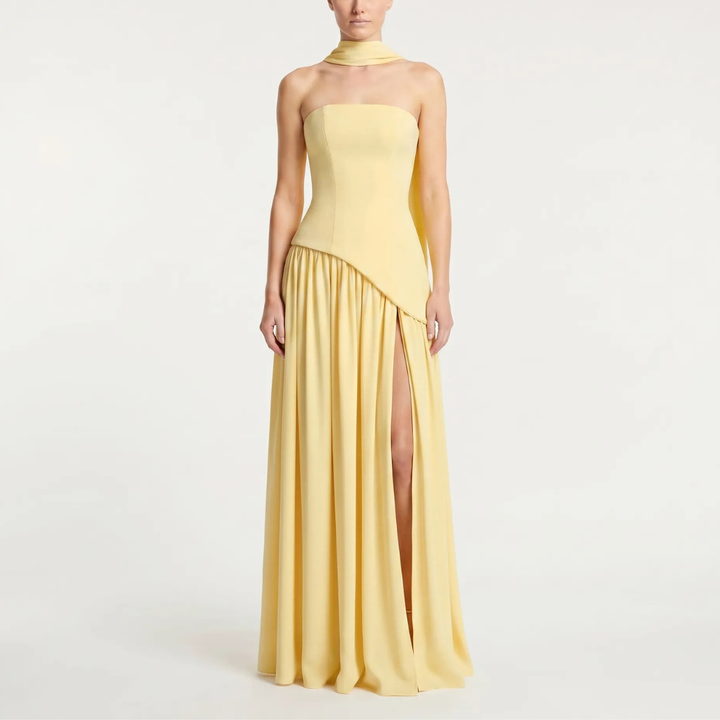 Draped elegant maxi dress with a structured corset, a stunning formal gown for special events & galas.