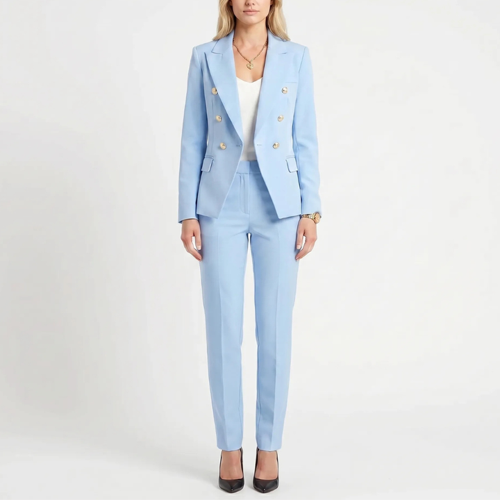 Versatile women's double-breasted blazer & slim trouser suit. Perfect for business meetings & formal events.