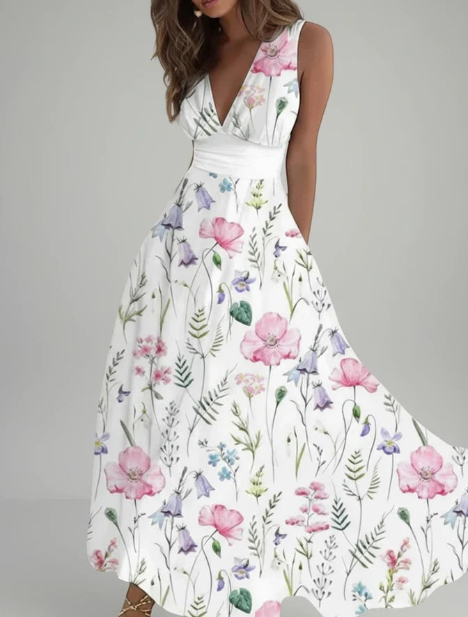 Vibrant floral print V-neck A-line midi dress for women. Comfortable and feminine for spring and summer fashion.