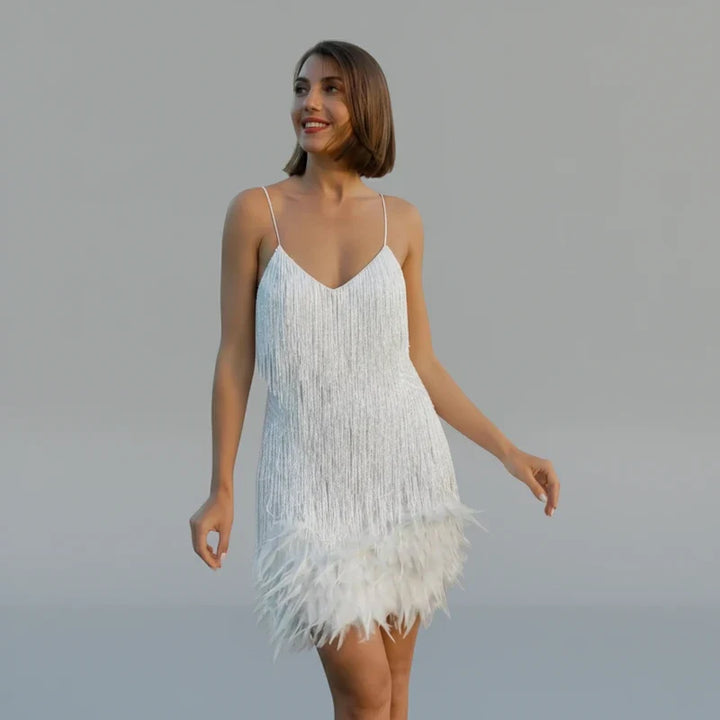 Glamorous women's fringe bodycon mini dress, ideal for cocktail parties, evening events & special occasions.