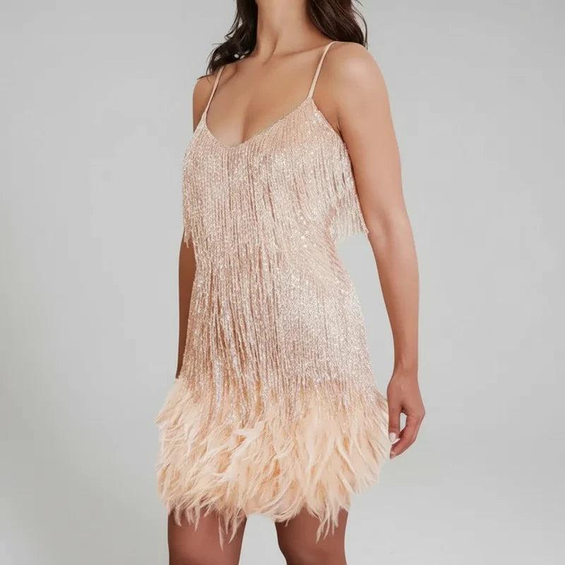 Fashionable women's sleeveless fringe bodycon mini dress. A party & cocktail dress with a glamorous feel.