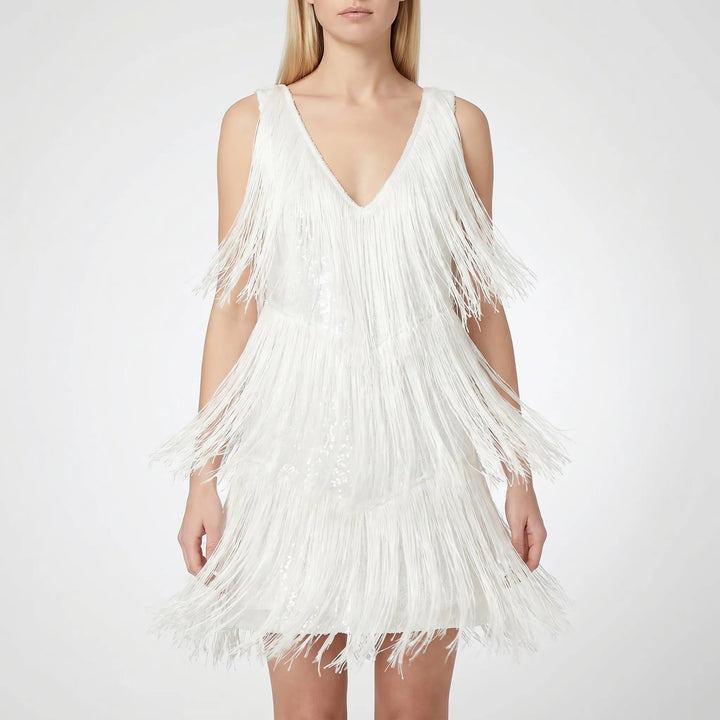 Sparkling women's fringe mini dress, ideal for dazzling party nights, dancewear, or a glamorous cocktail event.
