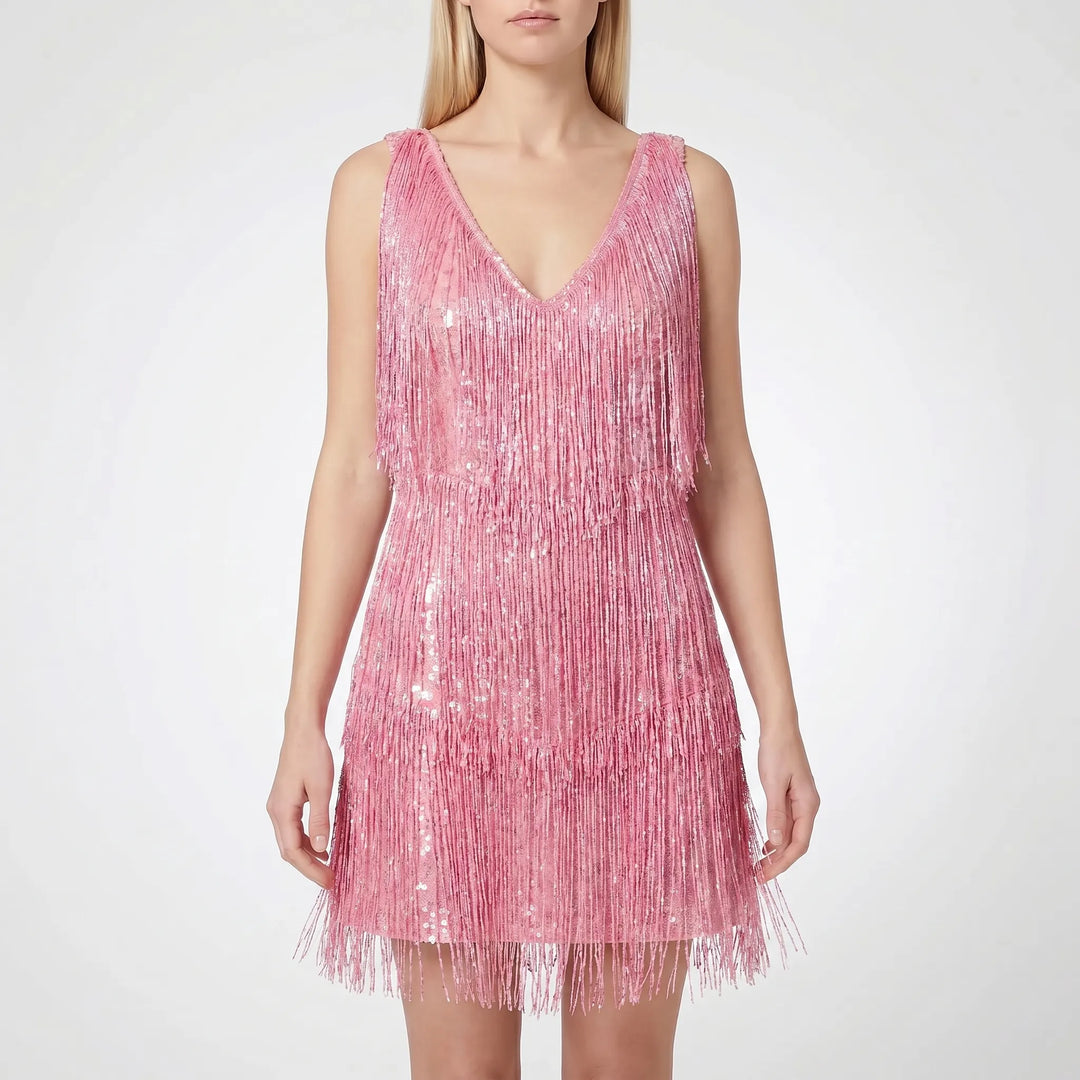 Shimmering women's fringe mini dress, a glamorous sleeveless short party dress perfect for dance & special events.