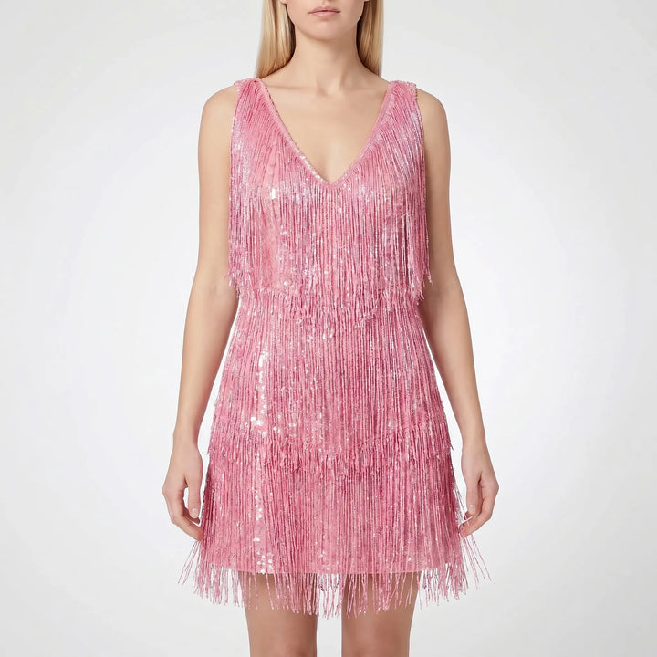 Shimmering women's fringe mini dress, a glamorous sleeveless short party dress perfect for dance & special events.