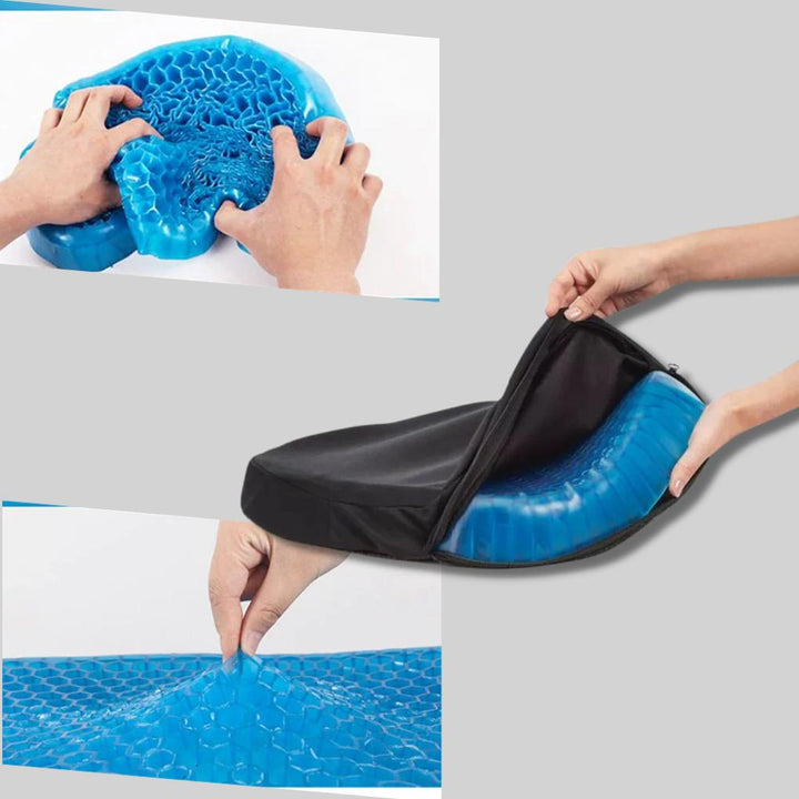 Gel seat cushion providing pressure relief and cooling comfort, universal fit for any chair.