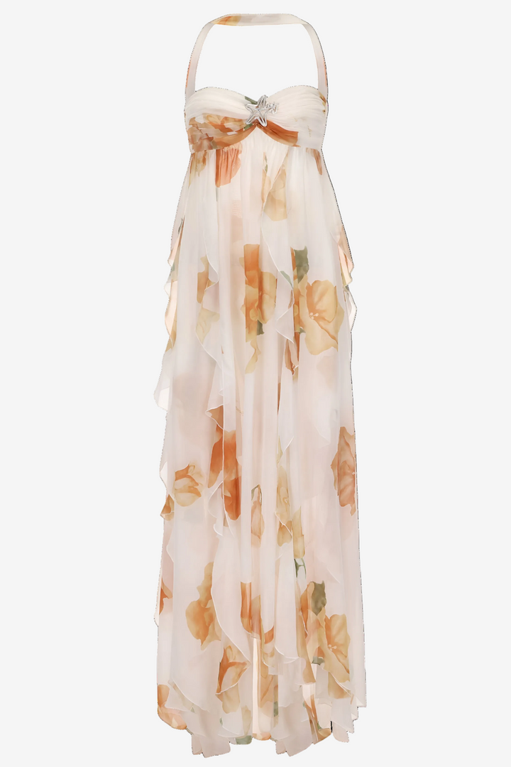 Women's white halter maxi dress, ideal for beach parties or elegant summer events. Sleeveless with a graceful flow.