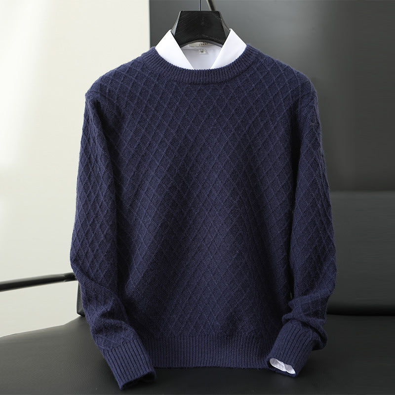 Textured gray knit men's pullover sweater. Warm & stylish everyday wear for fall & winter.