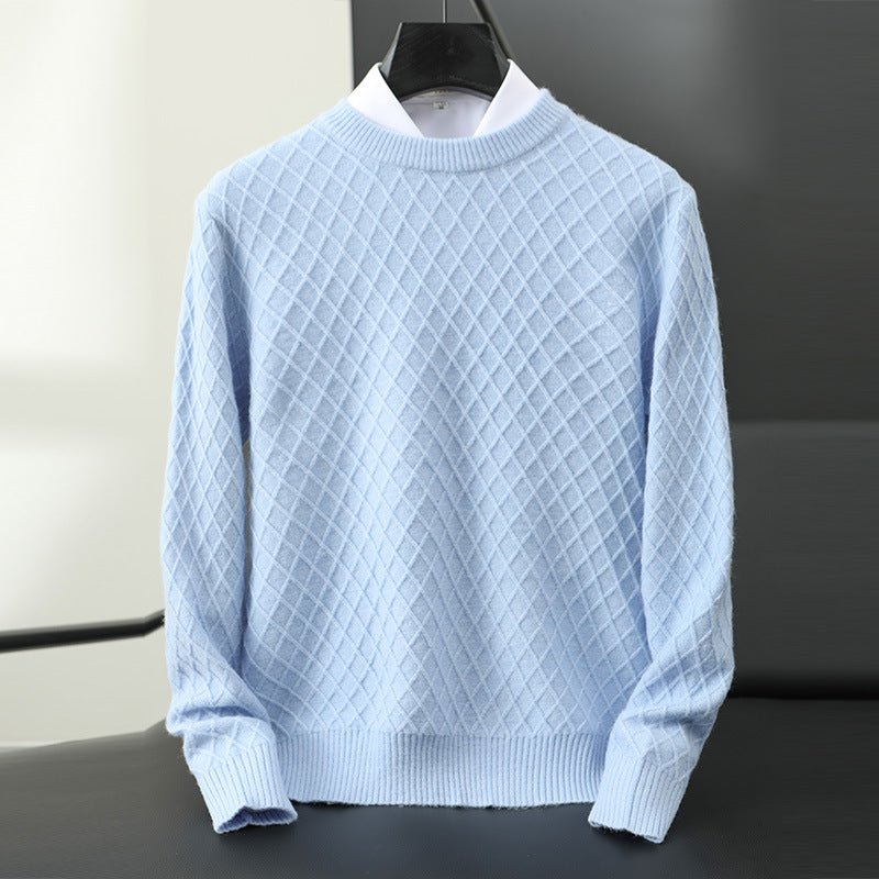 Men's premium blue crewneck pullover sweater. Everyday knitwear for fall/winter fashion.