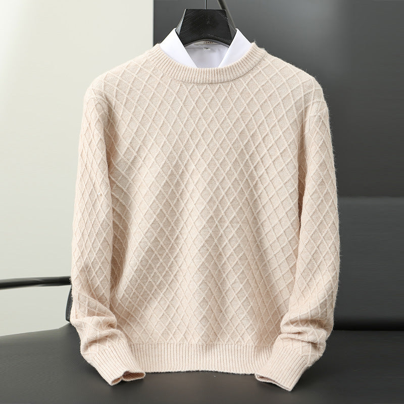 Premium beige men's crewneck pullover. Stylish knitwear, perfect for everyday fall/winter fashion.