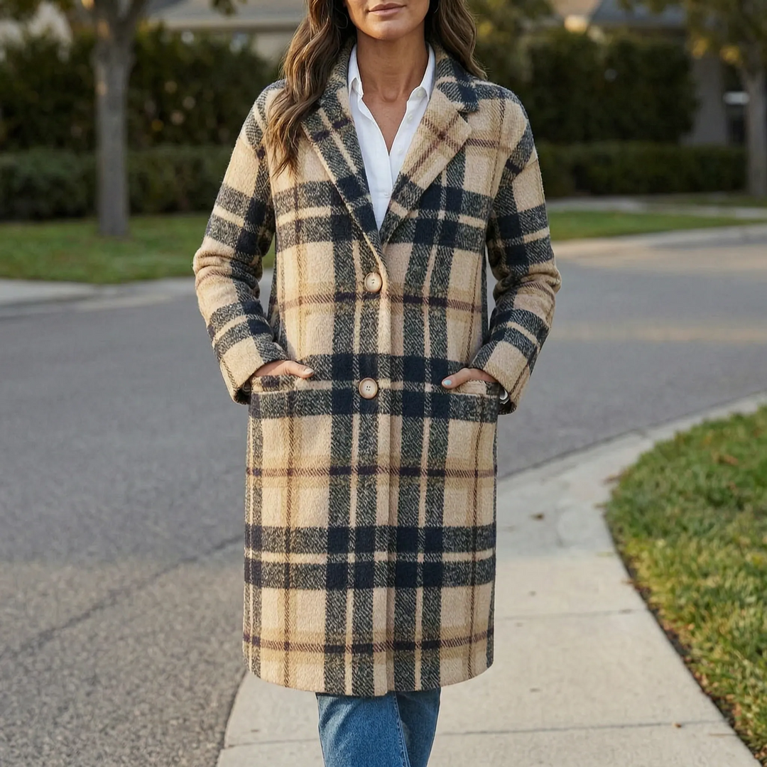 Women's stylish long checkered lapel coat. Perfect fall & winter outerwear for a casual, fashionable look.