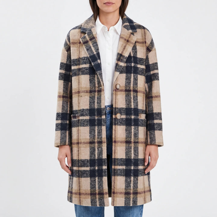 Modern women's long checkered coat with a prominent lapel. A stylish and warm outerwear piece for fall and winter.