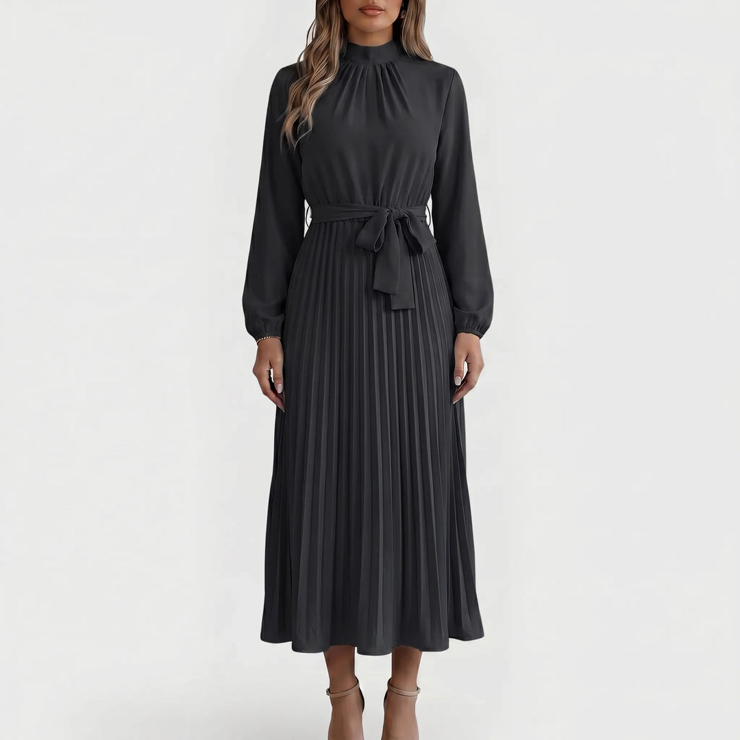 Versatile women's long-sleeve pleated midi dress with tie waist, great for spring, fall, formal, or smart casual wear.