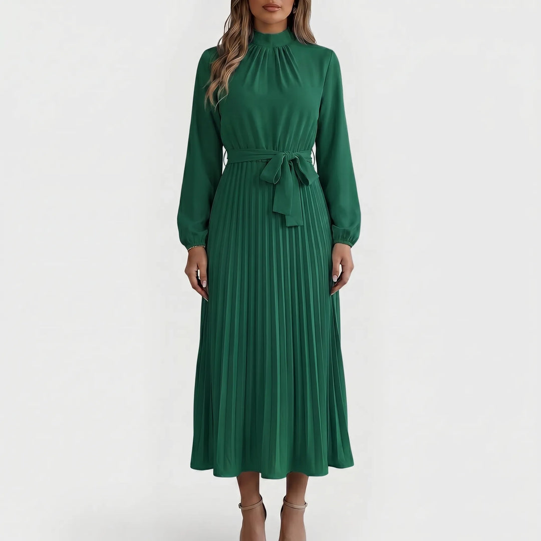 Women's flattering long-sleeve midi dress, elegantly pleated with a waist-cinching tie, suitable for spring/fall.