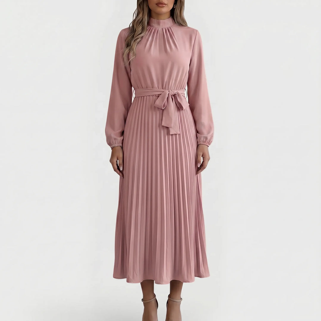 Elegant women's long-sleeve pleated midi dress, perfect for sophisticated style, office, or special occasions.