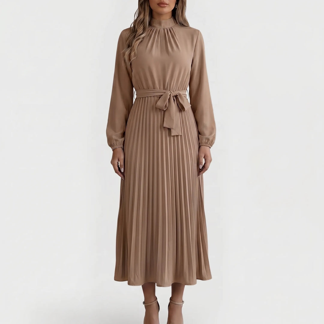 Pleated midi dress for women, long sleeves & tie waist for a smart, elegant, and modest look. Versatile office wear.