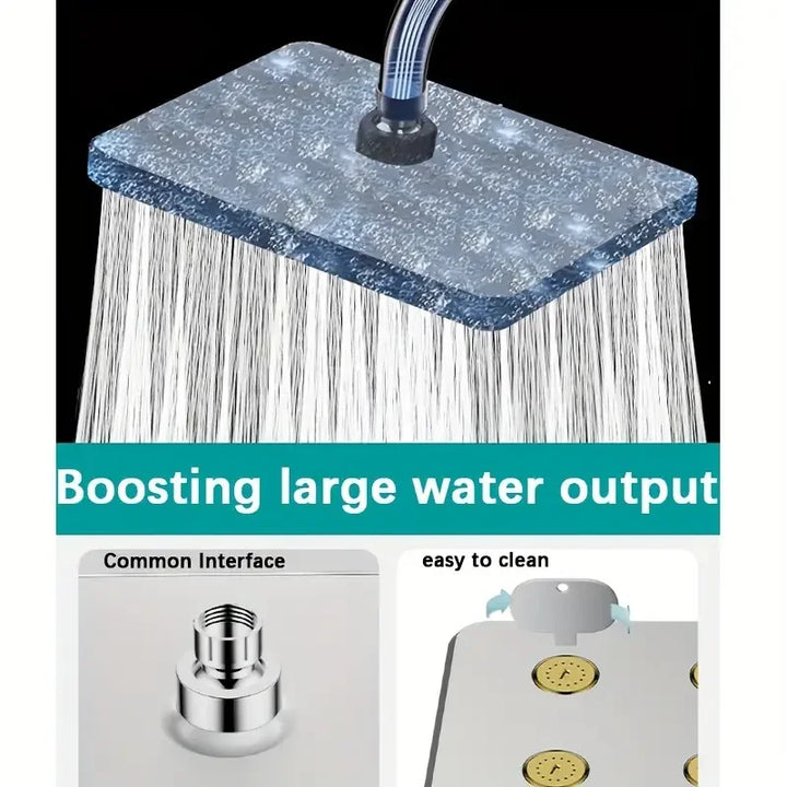 Modern 10-inch overhead shower head, delivering a luxurious and enhanced water flow for your home spa.