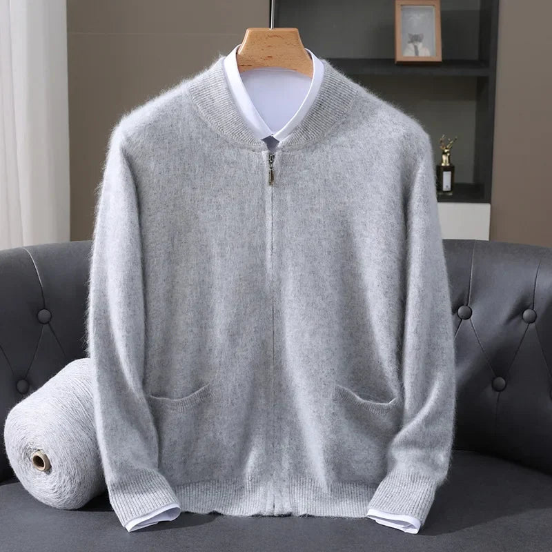 Man wearing a stylish full zip cardigan sweater, a refined layering piece for men's fall fashion. Classic knitwear.