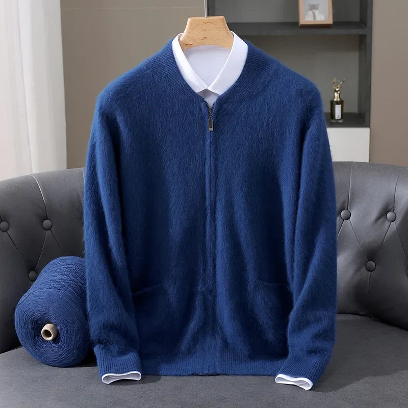 Versatile men's full zip cardigan sweater. Easy-to-wear knitwear, ideal for refined layering & winter warmth.