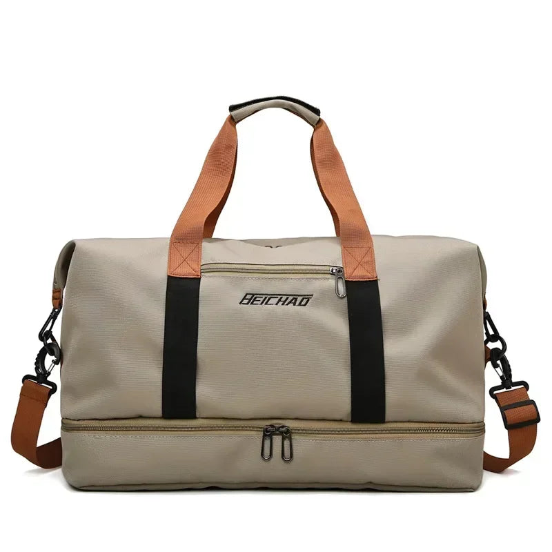Chic women's fitness travel bag. Large capacity gym duffel with wet/dry separation. Perfect weekend and sports shoulder bag.