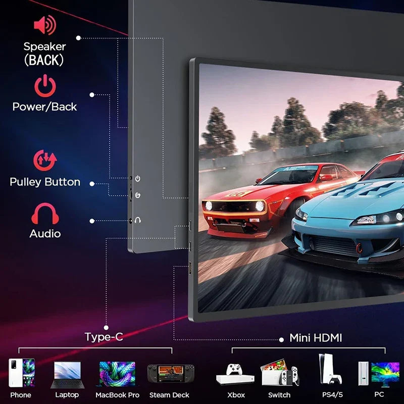 Slim 16-inch portable gaming monitor featuring USB-C connectivity, an essential external screen for travel.