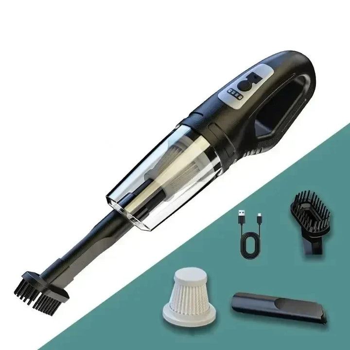 Cordless car vacuum, USB rechargeable, powerful suction for pet hair & auto cleaning, compact & portable handheld cleaner.