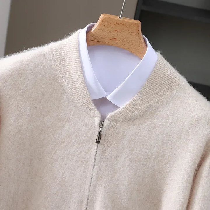 Close-up of the knit texture on a men's full zip cardigan sweater. Quality knitwear for warmth and classic style.