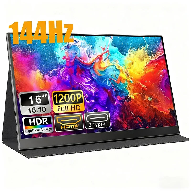 Portable 16-inch 144Hz FHD gaming monitor with a flexible stand, offering versatile viewing angles.