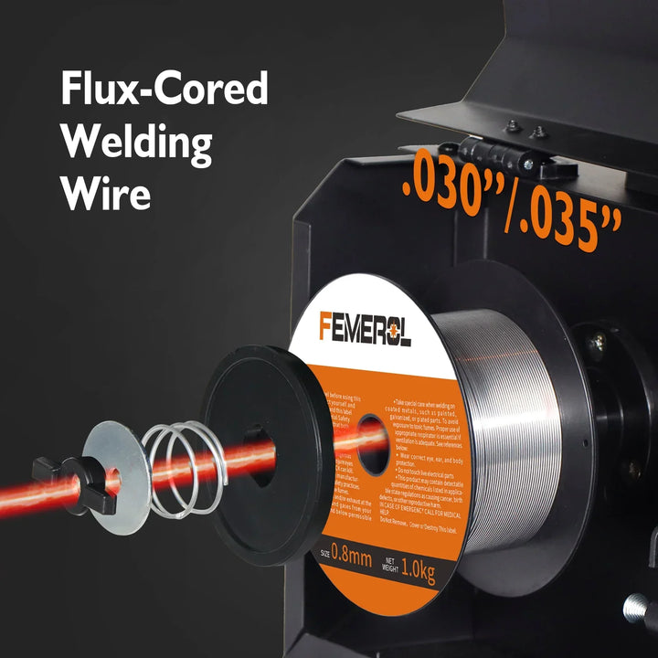 Front view of a portable 130A MIG welding machine. Features controls for home metal repair & DIY welding projects.