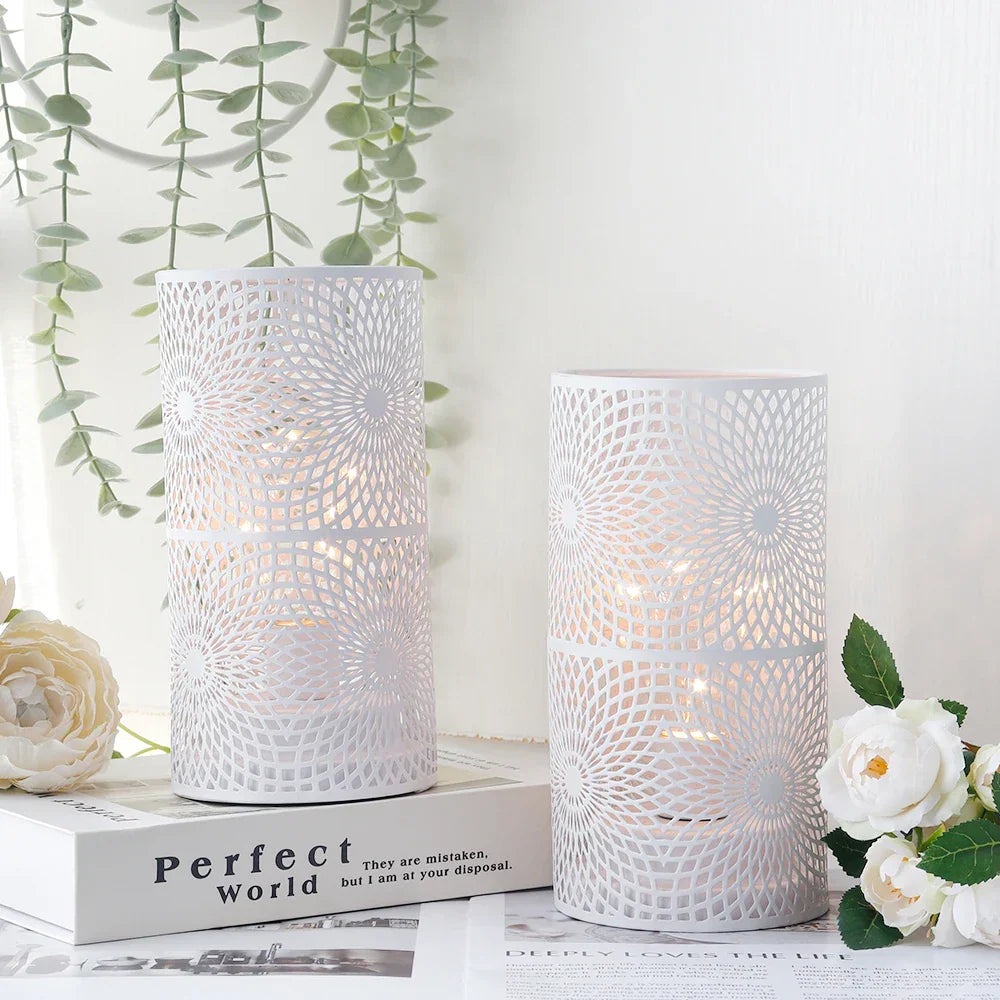 Elegant battery operated LED cylinder table lamps (set of 2), offering warm, decorative light for any room.