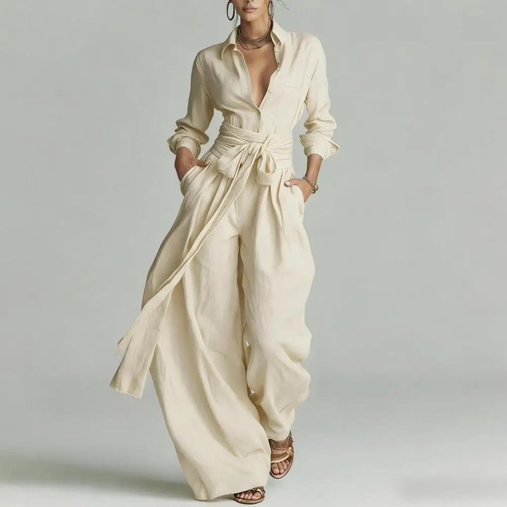 Women's ivory two-piece co-ord set with relaxed button-down shirt & wide-leg pants. Casual chic outfit.