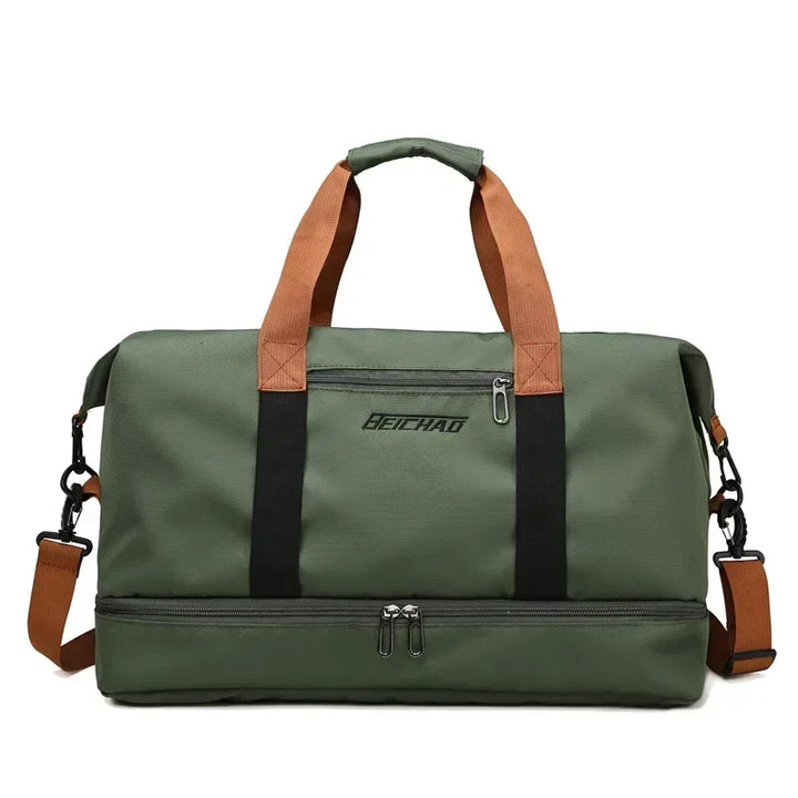 Multi-functional women's gym duffel bag. Large capacity, wet/dry compartment. Perfect for travel, fitness, & weekend carry.