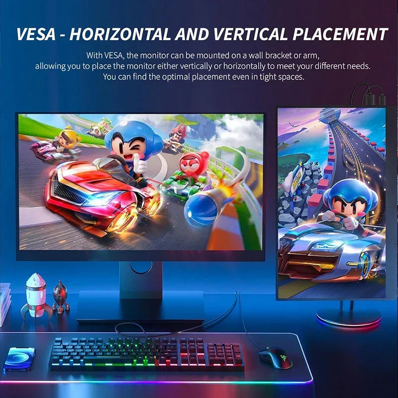 Portable 16-inch gaming display with 144Hz refresh rate, connected to a game console for immersive play.