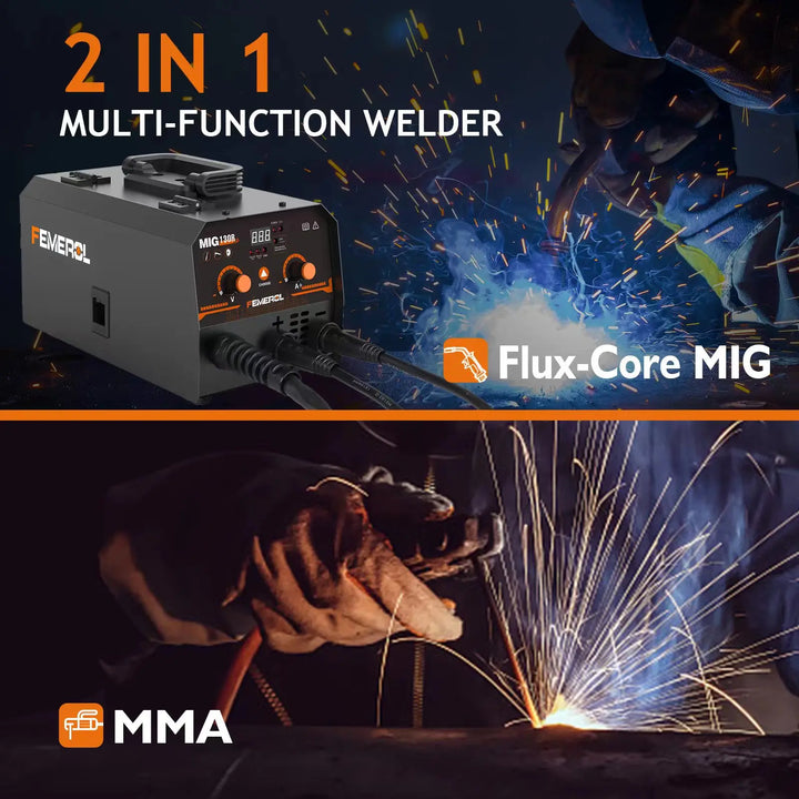 Versatile 130A MIG & stick welder. Ideal for home workshop metal fabrication & repairs. Flux core compatible.