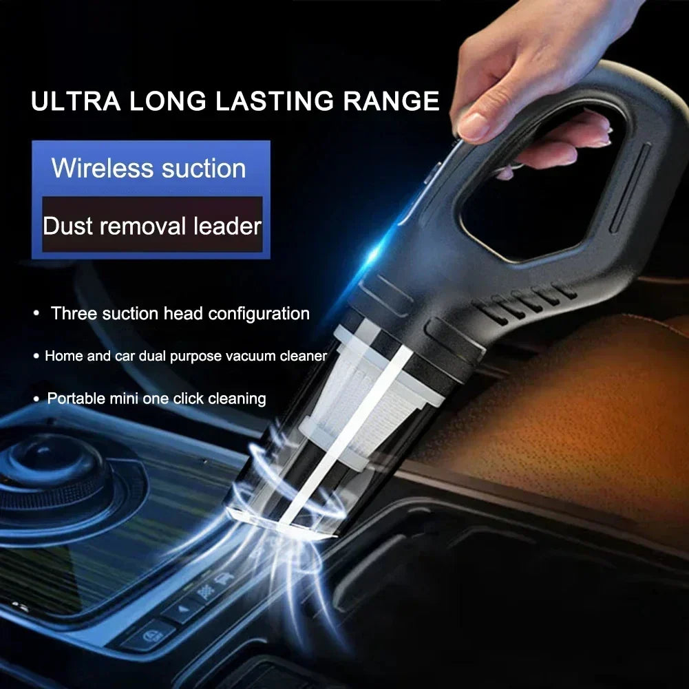 Portable cordless car vacuum with powerful suction for pet hair. USB rechargeable, compact handheld for easy auto cleaning.