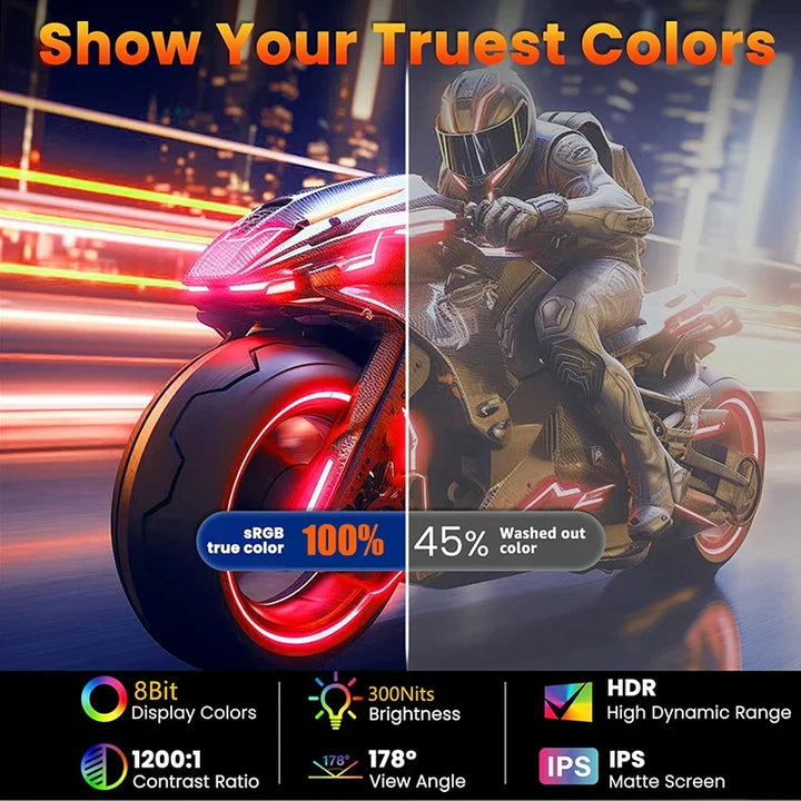 Crisp 16-inch FHD 144Hz IPS display on a portable gaming monitor, showing vivid game graphics.