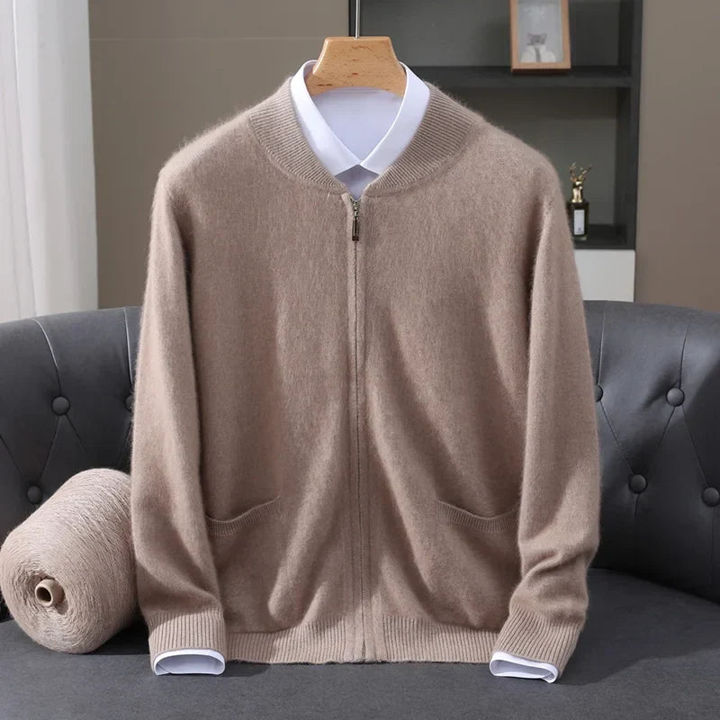 Men's warm full zip cardigan sweater, essential knitwear for winter comfort and stylish fall layering piece.