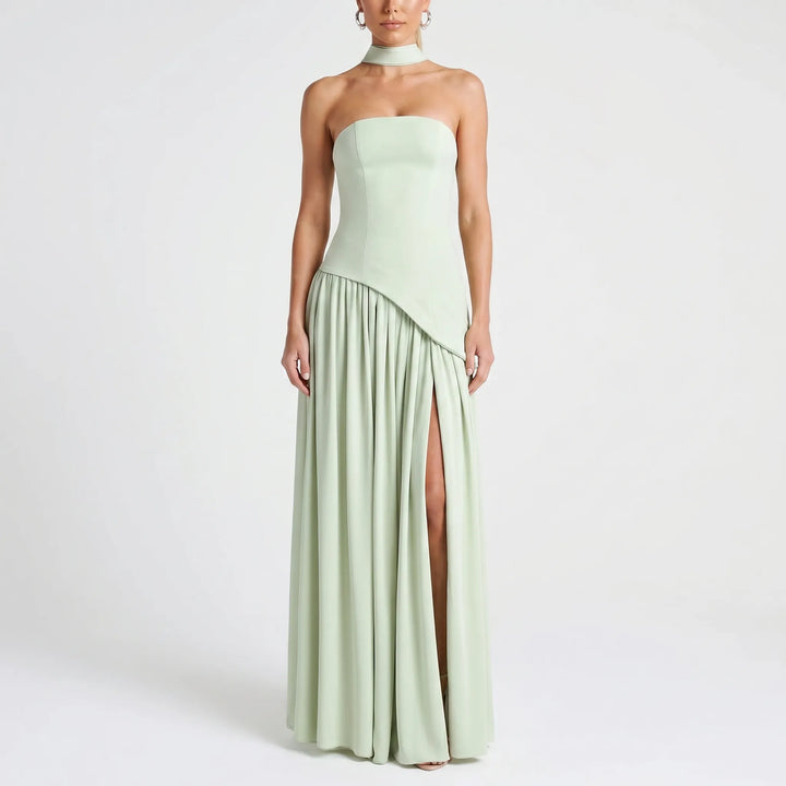 Formal women's evening gown: structured corset maxi dress for galas, black tie, and wedding guest attire.