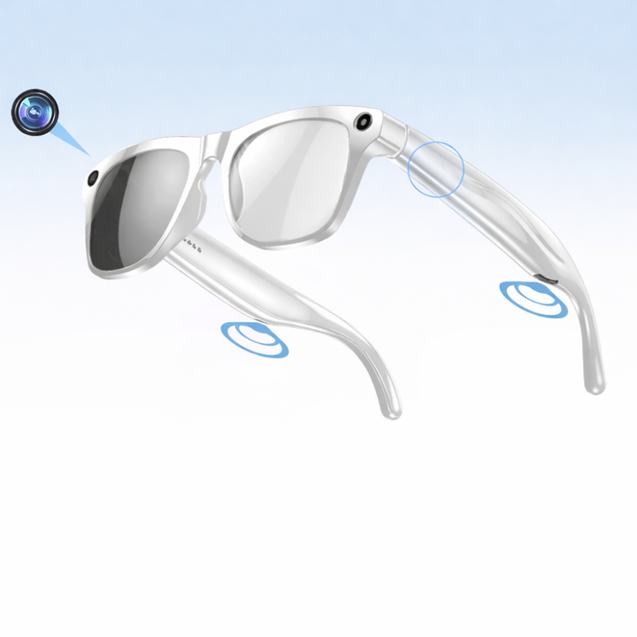 Stylish Tavvitaimp18 smart glasses for men & women, with camera, Bluetooth audio & adaptive photochromic lenses.