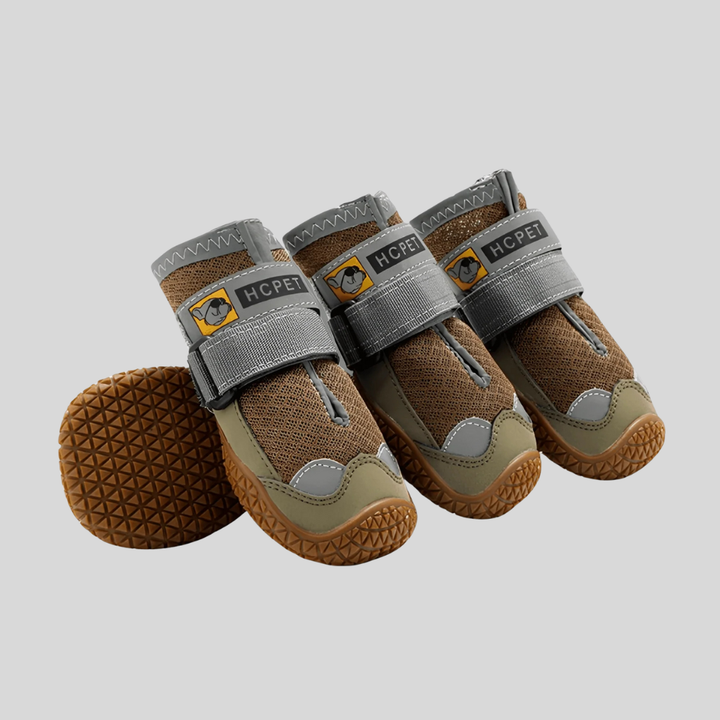 Set of four all-weather dog shoes with reflective details, ensuring secure fit and paw safety for outdoor activities.