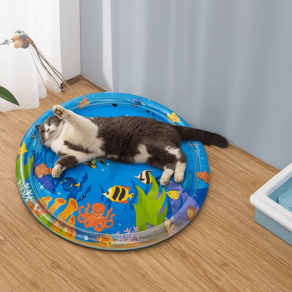 Interactive cooling cat play mat with water for summer comfort & feline fun. Keeps pets cool during hot weather playtime.