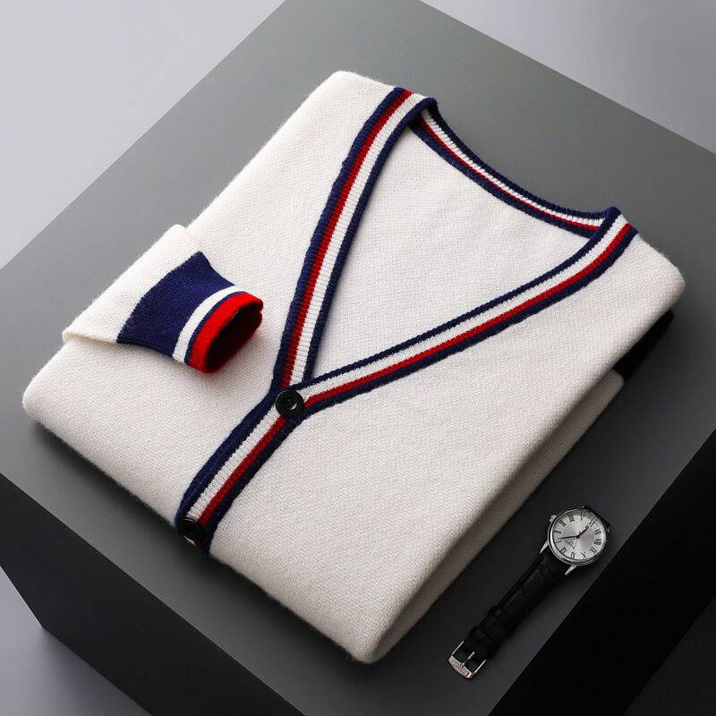 Casual men's striped knit V-neck cardigan with button-down front, ideal for layering.