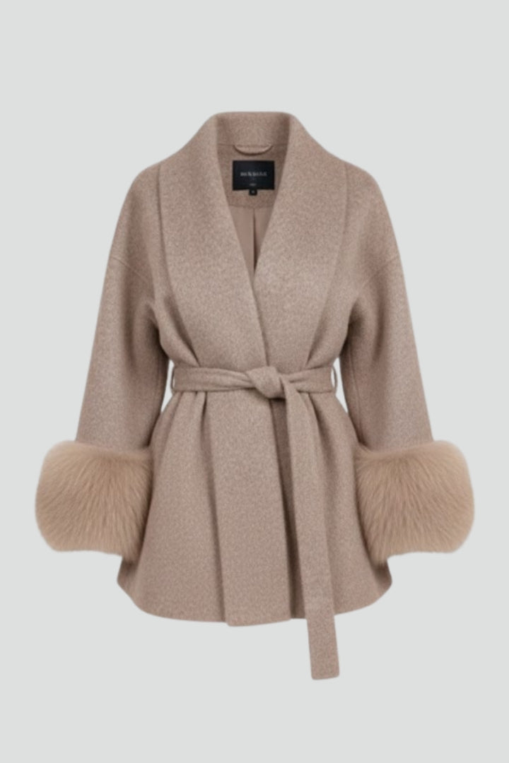 Elegant full-length women's belted winter coat with stylish faux fur cuffs. Perfect warm outerwear.