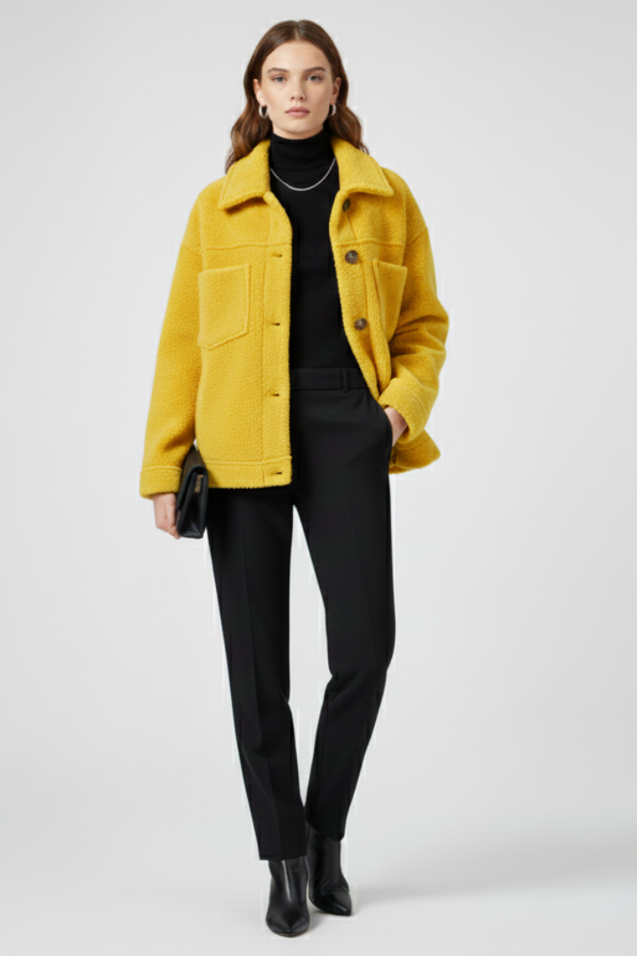Stylish & warm women's button-front fleece jacket, relaxed fit outerwear with practical pockets.