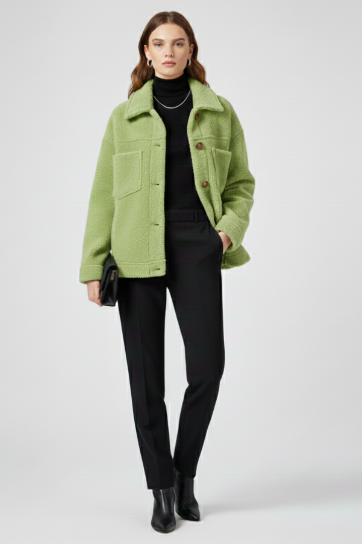 Soft fleece women's jacket, button-front closure, and spacious pockets for a cozy, casual look.