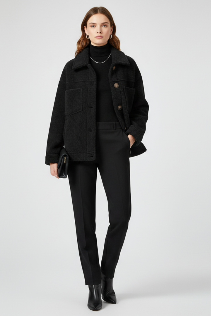 Warm women's fleece button-front jacket with pockets, ideal fall fashion or winter layer outerwear.