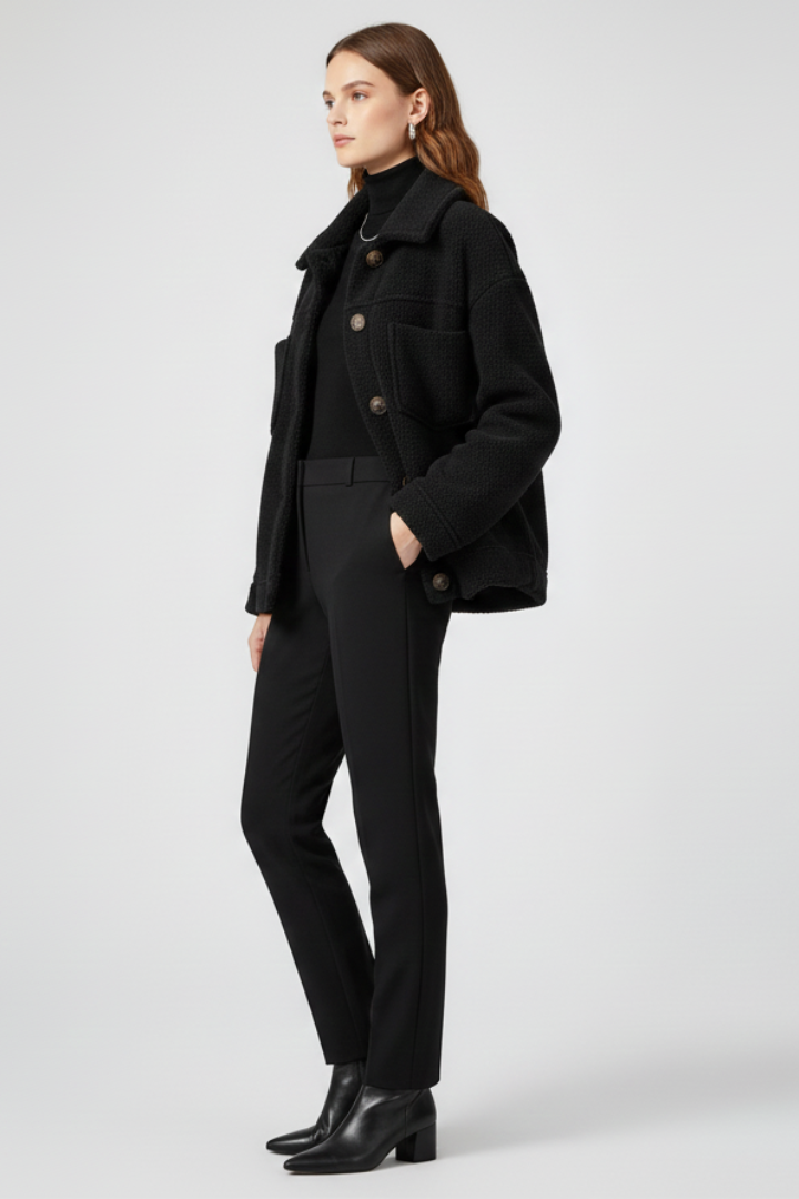 Cozy women's button-front fleece jacket with spacious pockets, versatile for fall and winter layering.