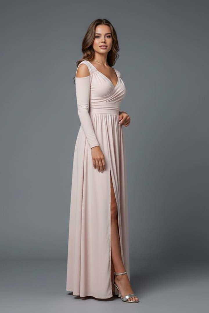 Teal sophisticated V-neck long dress for women, with a chic side slit, perfect for parties.